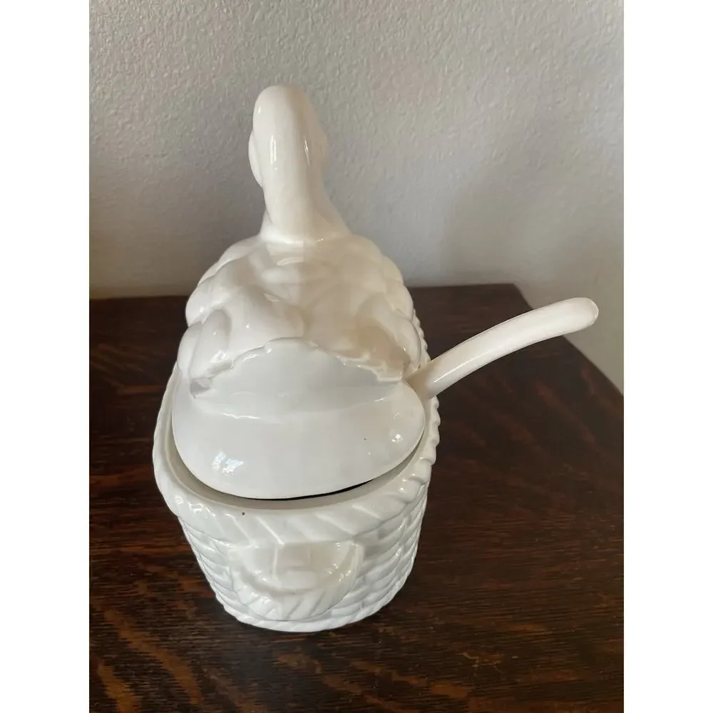 Vintage All White Ceramic Duck Soup Tureen with Lid and Ladle